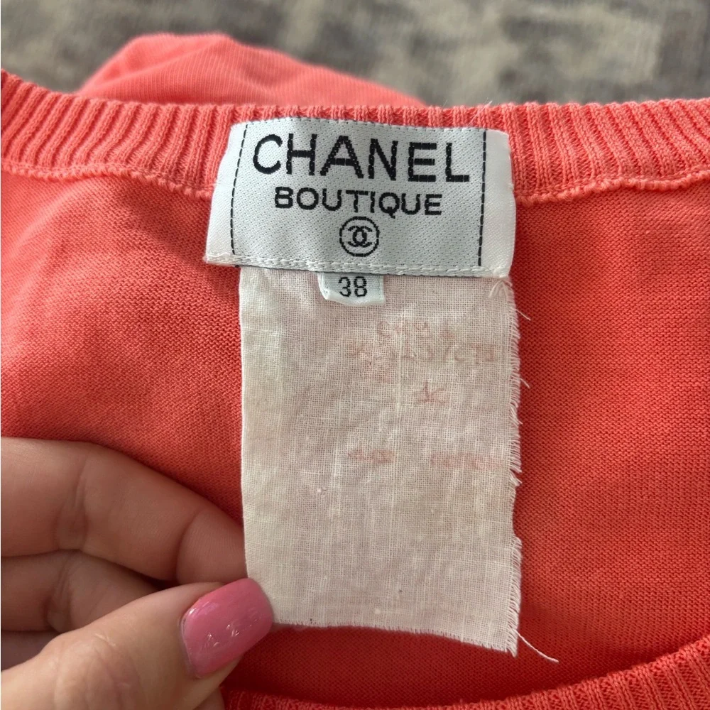 Authentic CHANEL cotton mix pink salmon short sleeve sweater